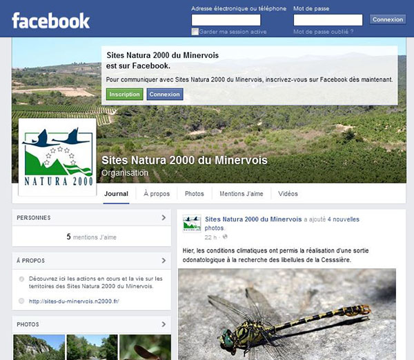 Vue de la page Facebook des Sites Natura 2000 du Minervois
